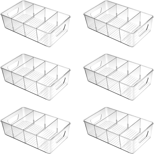 6 Pack Pantry Organizers and Storage, Clear Plastic with 3 Removable Dividers, for Tea Bag, Snack, Seasoning Organizer – BPA Free Perfect in Pantry and Fridge