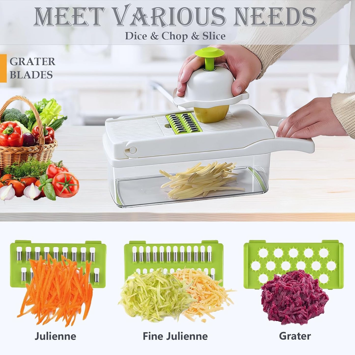 Vegetable Chopper Dicer with Container | Cheese Grater Mandoline Slicer Cabbage Shredder French Fry Cutter Stainless Steel for Veggie Onion Potato Fruit Food, Manual Hand Cooking Gadget for Kitchen