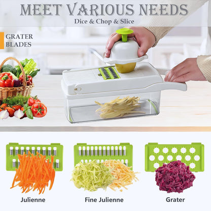 Vegetable Chopper Dicer with Container | Cheese Grater Mandoline Slicer Cabbage Shredder French Fry Cutter Stainless Steel for Veggie Onion Potato Fruit Food, Manual Hand Cooking Gadget for Kitchen