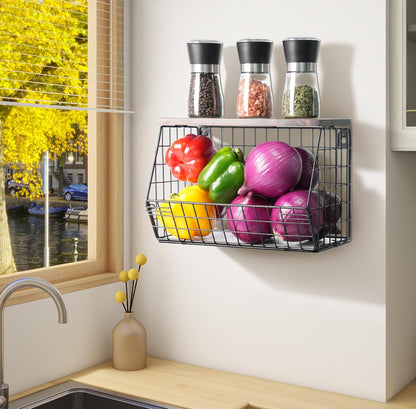 White Fruit Bowl Wire Basket Storage Pantry Fruit and Vegetable Storage Fruit Basket for Kitchen Counter Stackable Wall Mounted Hanging Basket Wire Basket with Wood Lid with Hanger Hooks