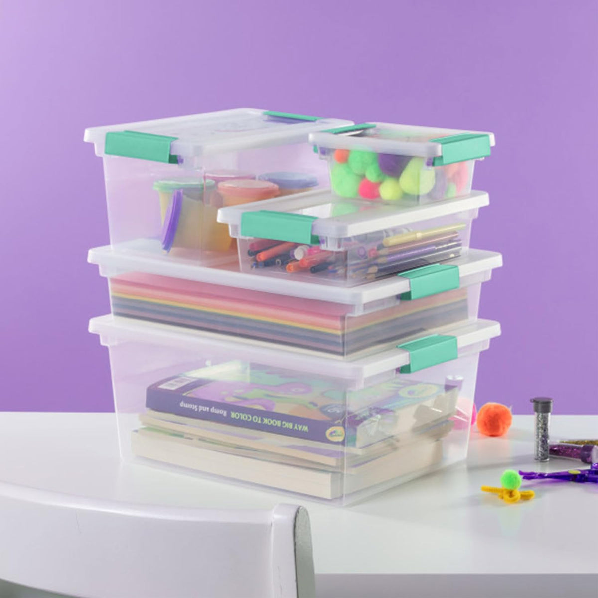 Sterilite Deep Clip Box, Stackable Small Storage Bin with Latching Lid, Plastic Container to Organize Paper, Office, Home, Clear Base and Lid, (Pack of 4)