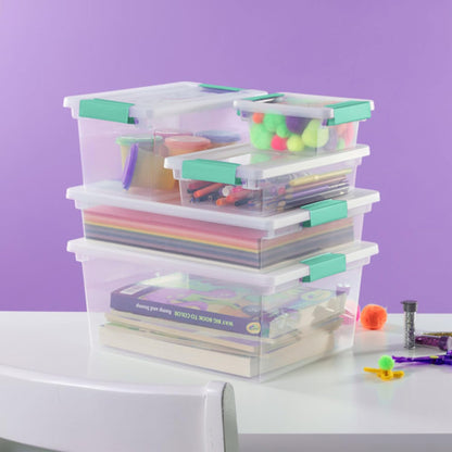 Sterilite Deep Clip Box, Stackable Small Storage Bin with Latching Lid, Plastic Container to Organize Paper, Office, Home, Clear Base and Lid, (Pack of 4)