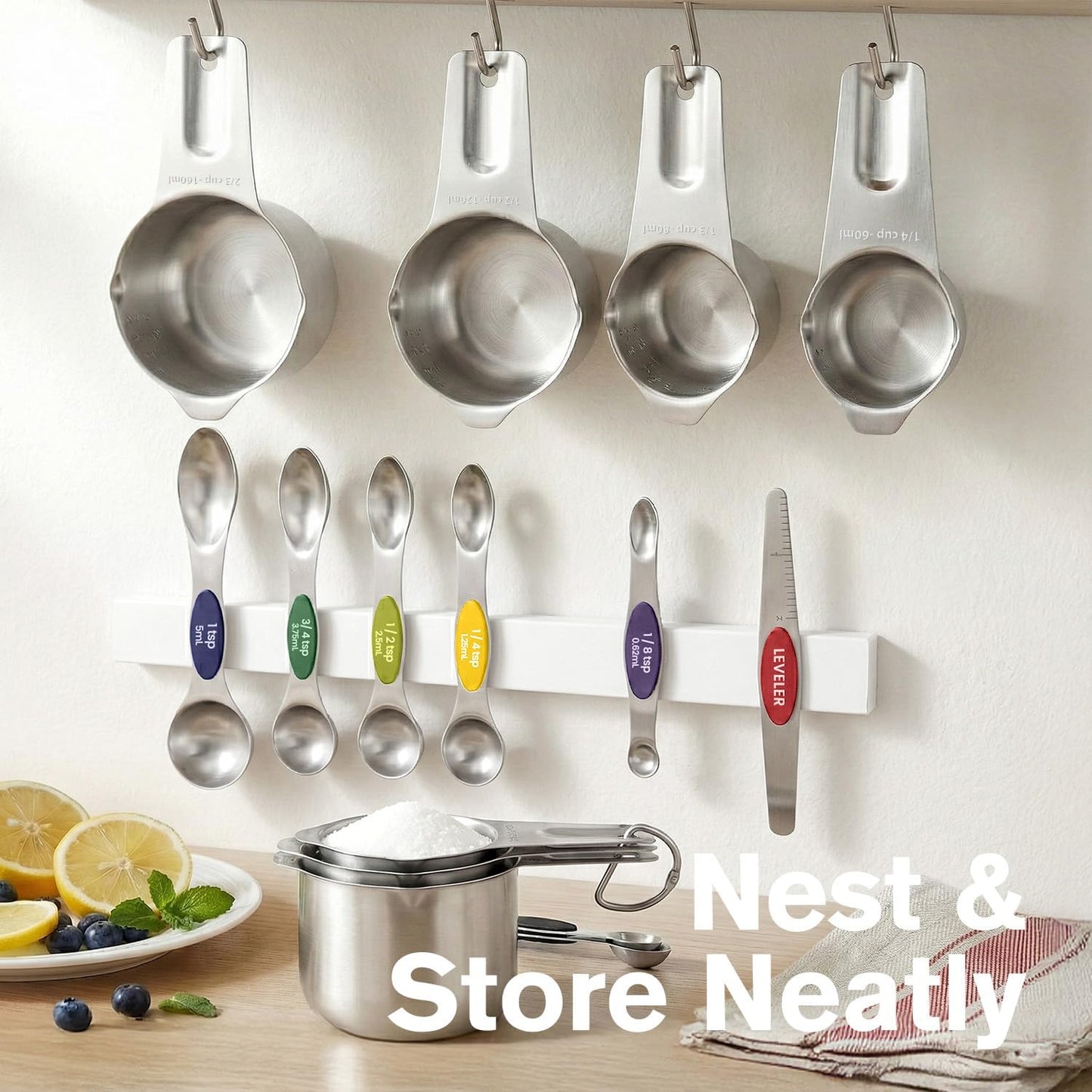 ChefAide Pack of 8 Stainless Steel Magnetic Measuring Spoons Set, Dual Sided, Stackable, Adjustable Teaspoon and Tablespoon Measure Spoon with Leveler, Kitchen Gadgets