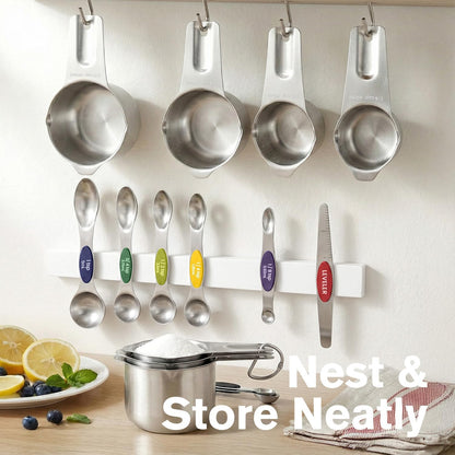 ChefAide Pack of 8 Stainless Steel Magnetic Measuring Spoons Set, Dual Sided, Stackable, Adjustable Teaspoon and Tablespoon Measure Spoon with Leveler, Kitchen Gadgets