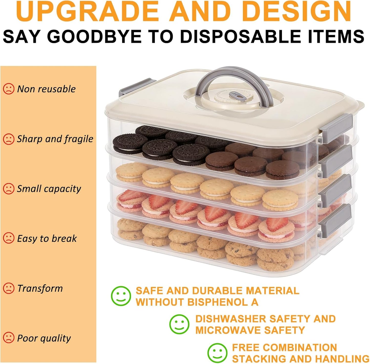 4-Tier Cookie Container with Airtight Lid and Handle Stackable Food Storage Container Dumpling Storage Box Portable Cookie Carrier for Cupcakes Desserts Wonton and Snacks