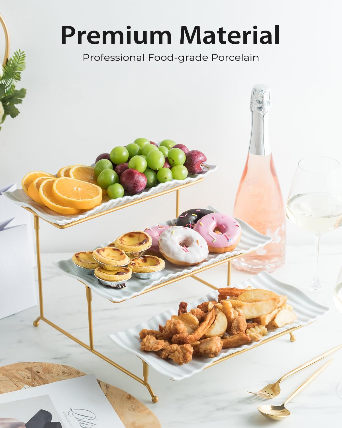 LAUCHUH 3 Tier Serving Tray, Porcelain Serving Platter Tier Serving Stand with Collapsible Sturdier Rack, Serving Trays and Platters Dessert Party Display Set for Father's Day, Gold, 12 Inch