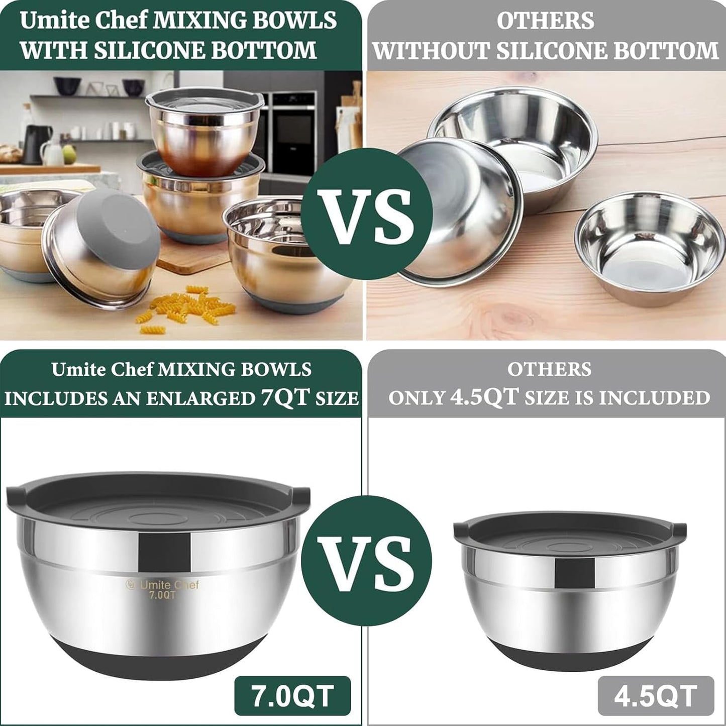 Umite Chef Mixing Bowls with Airtight Lids, 6 piece Stainless Steel Metal Nesting Storage Bowls, Non-Slip Bottoms Size 7, 3.5, 2.5, 2.0,1.5, 1QT, Great for Mixing & Serving (Khaki)