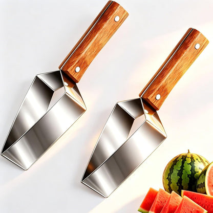 2PCS Stainless Steel Watermelon Cutter, Triangle Fruit Slicer with Wooden Handle, Melon Divider Tool for Watermelon, Cantaloupe and Honeydew