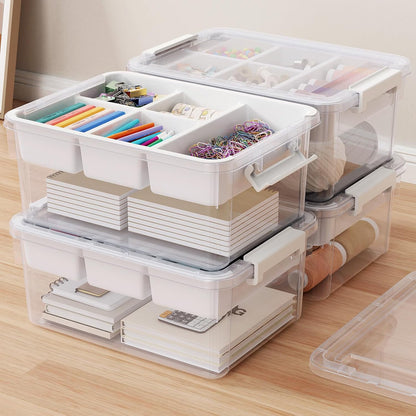 40Qt Stackable Storage Bins with Lids & Trays, Clear Plastic Latching Boxes Organizers with Dividers Portable 10Gal Containers for Arts & Crafts, Home and Car Trunk Organization, 2Pack