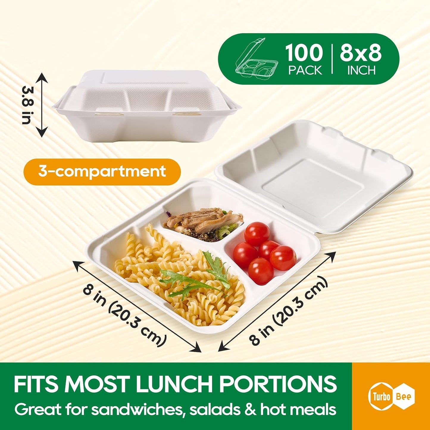 Turbo Bee 100 Pack 8x8inch White 3 Compartment Take Out Containers with Lids, Disposable Clamshell Meal Prep Containers, Divided Lunch Boxes for Catering, Restaurant & Meal Prep
