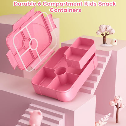 HOMETALL Bento Lunch Box for Kids - Leakproof Bento Box with 6 Compartments Portions Lunchbox for Kids Ages 3 to 7 Back to School, BPA-Free Snack Packing Containers Reusable On-the-Go Meal Prep, Pink