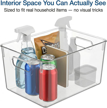 MOONEDGE Large Clear Plastic Storage Bins 4 Pack, 12" x 8" x 6" Stackable & Durable Organizers for Kitchen, Pantry, Refrigerator & Bathroom – Food Safe, Easy to Clean, Ideal for Home Organization