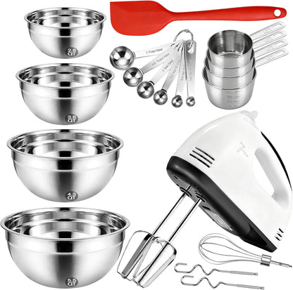 Showvigor Electric Hand Mixer with Stainless Steel Mixing Bowl Set –7 Speeds Turbo-Boost Hand Mixer with Large Mixing Bowls, Measuring Cups, Spoons & Spatula for Kitchen Cakes Eggs Baking(Pink)