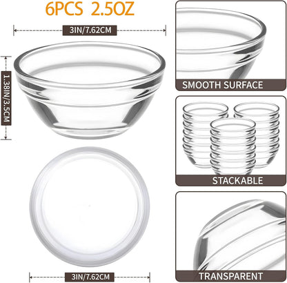 6 Pack Mini 3 Inch Small Glass Bowls with 12 Pack Lids