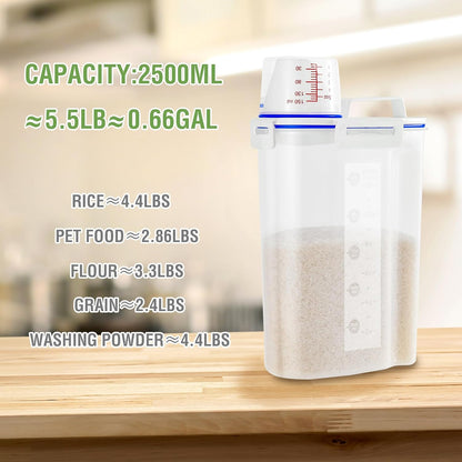 2 Pcs 5.5Lbs Rice Dispenser Storage Containers, Rice Container with Measuring Cup & Pour Spout, Kitchen Plastic Airtight Container for Cereal, Grain, Flour, Sugar, Oatmeal, Dry Pet Dog Food