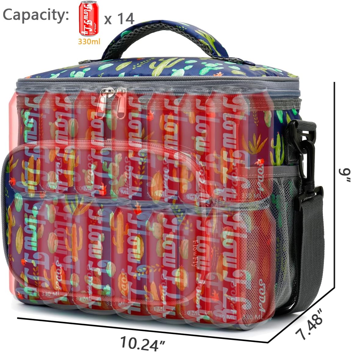 FlowFly Insulated Reusable Lunch Bag Adult Large Lunch Box for Women and Men with Adjustable Shoulder Strap,Front Zipper Pocket and Dual Large Mesh Side Pockets,Cherry - Colors B