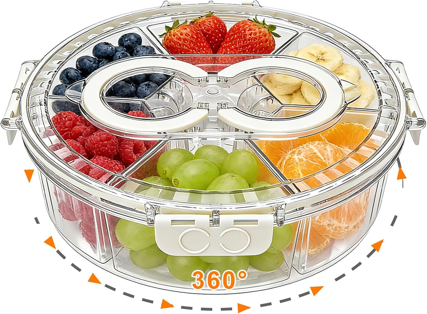 Rotating Divided Serving Tray with Lid & Handle, 6 Compartment Snack Box Container,Portable Snack Organizer for Fruits, Candy, Veggies – Ideal for Kitchen, Party, Travel, Picnic (1 Pack)