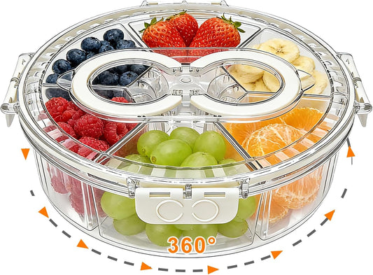 Rotating Divided Serving Tray with Lid & Handle, 6 Compartment Snack Box Container,Portable Snack Organizer for Fruits, Candy, Veggies – Ideal for Kitchen, Party, Travel, Picnic (1 Pack)