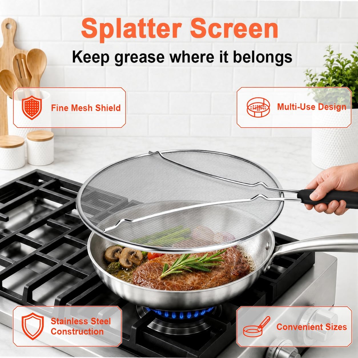 Splatter Screen for Frying Pan 3-Piece Set - Stainless Steel Grease Splatter Guard (13", 11.4", 9.8") - Oil Splash Guard & Fine Mesh Cover for Cooking Bacon