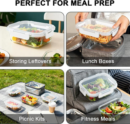 KAMOTA Glass Food Storage Containers, 10 Pack Glass Meal Prep Containers, Airtight Containers with Snap-Lock Lids, 22 oz Grey Container Set with Lids, for Microwave/Oven/Freezer/Dishwasher