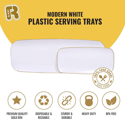 R-kay 4 Pack White Plastic Serving Trays for Party - White Serving Tray 17 by 6.5 in - Rectangular Heavy Duty Dessert Trays for Food