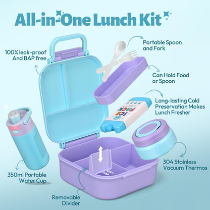 Itslife Bento Box for Kids Set, Insulated Food Container,Kids Lunch Box, 7 oz Thermos for Hot Food, 12 oz Thermos Water Bottle, Reusable Insulated Ice Bag & Fork Spoon Utensils Camping Travel Pink