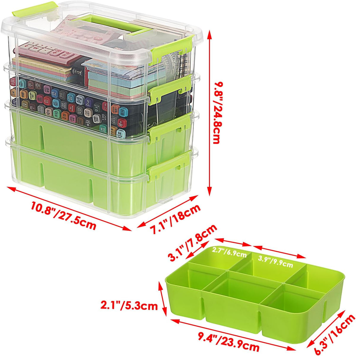 JUXYES 4-Tiers Plastic Stack Carry Storage Containers Box wih Handle Lids | Clear Stackable Latching Storage Bin With 2 Tray for School Office, Organizing Sewing, Art Craft, DIY Supplies, Blue