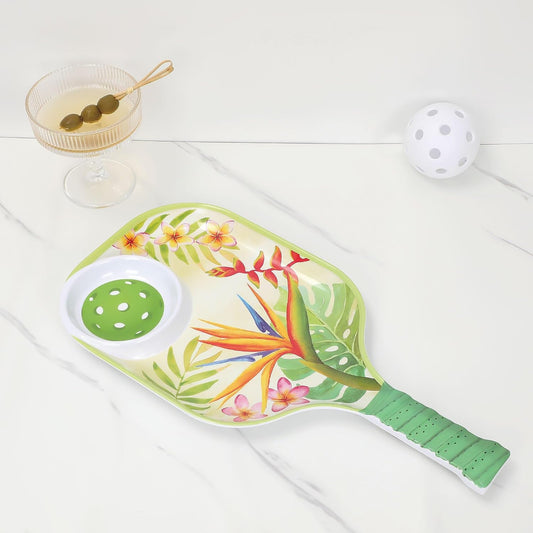 UPware Flamingo Melamine Chip and Dip Snack Tray, Tropical Floral Pickleball Paddle Shape Platter for Chips, Salsa, Fruits, and Appetizers, 15.75 x 8 Inch