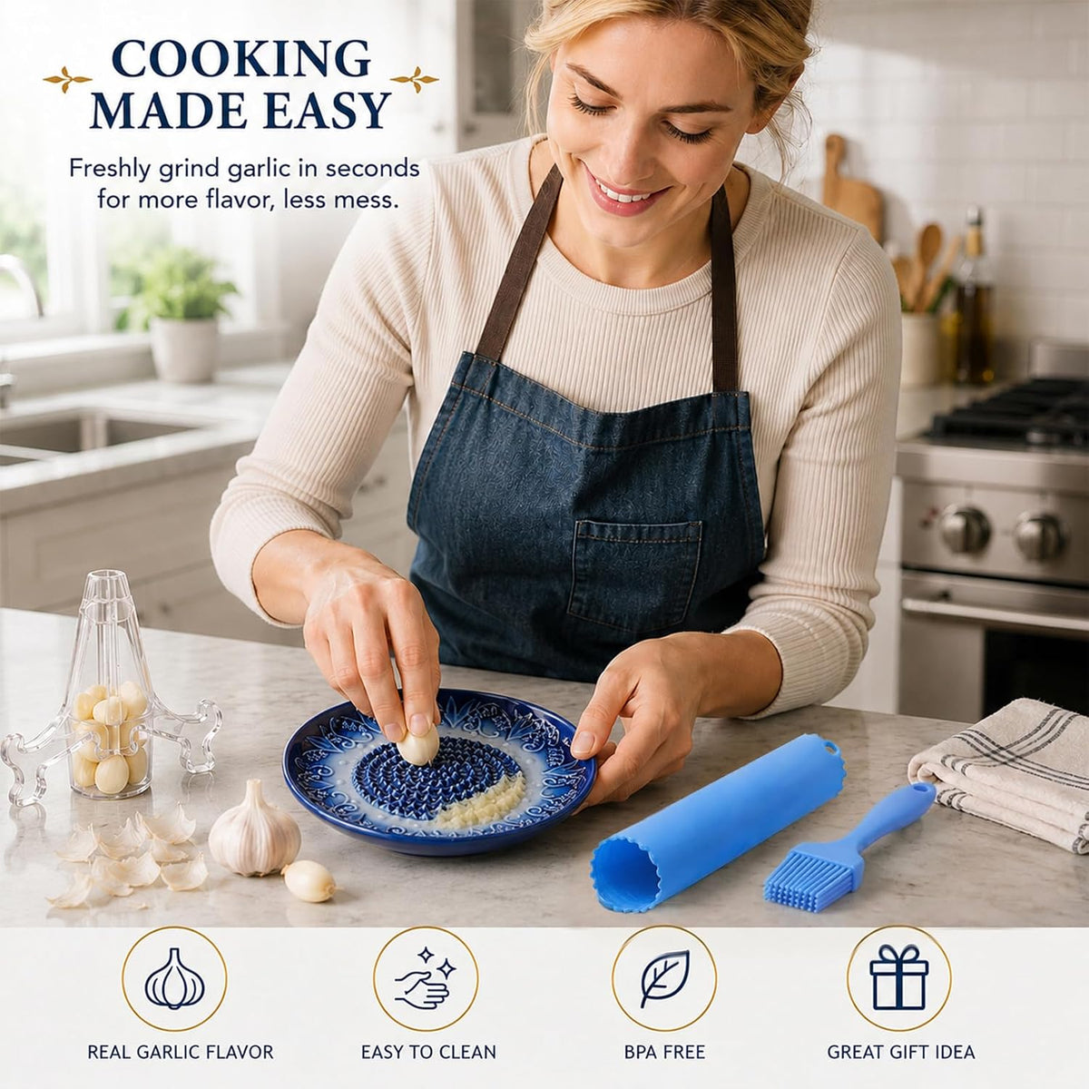 Ceramic Garlic Grater Plate Set with Rack, Peeler & Improved Brush (Blue)