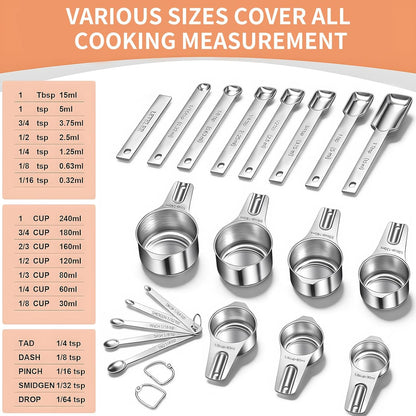 EWFEN Measuring Cups and Spoons Set, 7 Stainless Steel Nesting Measuring Cups & 7 Spoons, 5 Mini Measuring Spoons & 2 Detachable Rings, Kitchen Gadgets for Cooking & Baking, Round