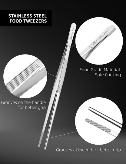 Set of 3 Kitchen Tweezers Fine Tweezer Tongs, MSY BIGSUNNY Stainless Steel Food Tweezers, Precision Serrated Tips Food Tongs (8.5" 10" and 12")