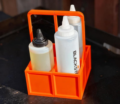 Sauce Caddy for Blackstone - 4 in 1 Oil & Water Bottle Holder, with Spice Jars, Portable Condiment & BBQ Organizer for Outdoor Grilling, Camping, Patio Kitchen, Durable ABS (Orange)