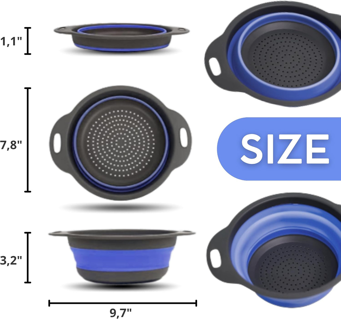 3PCS Green Foldable Kitchen Strainer Set – Silicone Colander Collapsible Strainers and Colanders Green Collander for Kitchen Collapsible Compact Drain Tools for Cooking Prep
