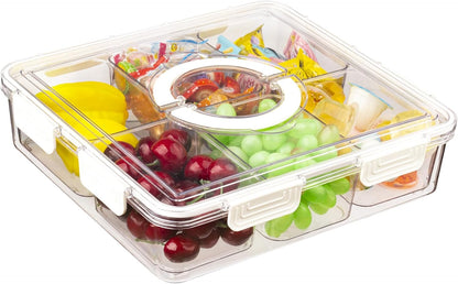 Divided Serving Tray with Lid & Handle, 4 Compartment Removable Snack Box, Kitchen Organizers and Storage, Snackle Box Container, BPA-Free Fruit Storage Container for Berry, Snack, Candy, Nuts…