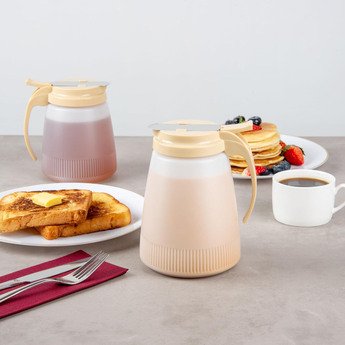 Restaurantware-Chef 101 32 Ounce All Purpose Syrup Dispenser, 1 Honey Dispenser - White Top, Stainless Steel Slide Cover, Plastic Pancake Syrup Bottle, Perfect For Diners, Restaurants, Home