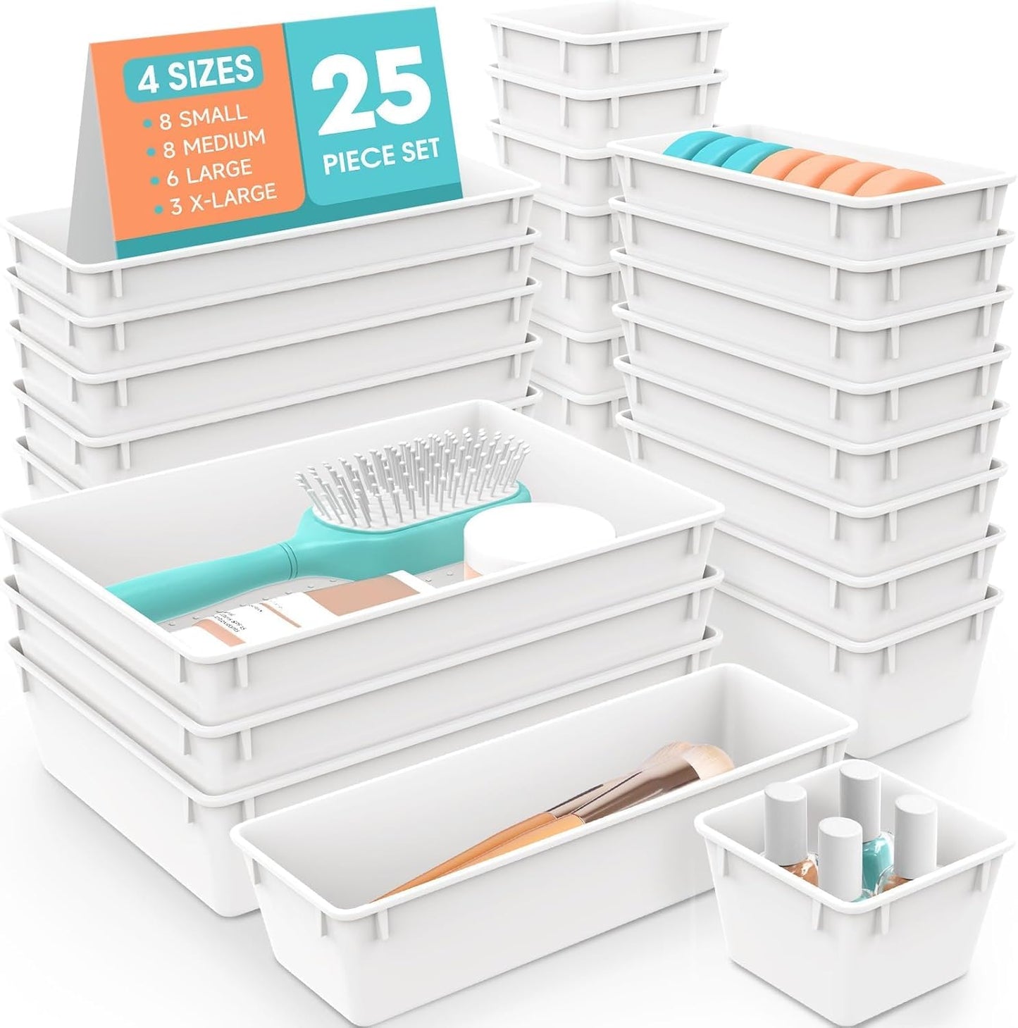 SpaceHacks 25 PCS Plastic Drawer Organizer Set, 4-Size Versatile Organizer Tool Trays & storage Bins for Makeup, Jewelry, and Gadgets in Bathroom, Bedroom and Office,Clear Black