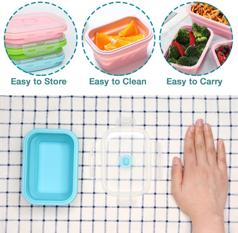 Alimat PluS 40.5oz Silicone Collapsible Food Storage Containers with Lids, 3 Pack Set 1200ml Folding Large Meal Prep Lunch Containers, Microwave, Freezer and Dishwasher Safe