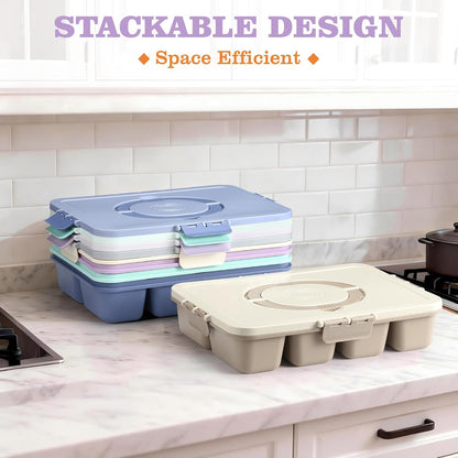 Snackle Box Container, Divided Serving Tray with Lid and Handle, 9 Compartments Snack Box Container for Adults, Portable Charcuterie Serving Platter for Candy Fruit, 9.9 Cups, White Grey
