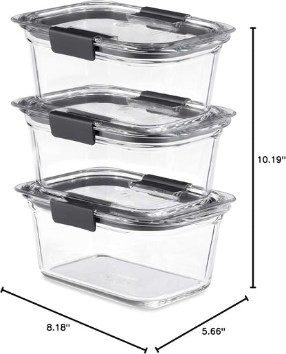 Rubbermaid Brilliance Glass Food Storage set of 4 containers 8 total pieces (4 containers + 4 lids) for Lunch Meal Prep and Leftovers Dishwasher and Oven Safe Clear/Grey