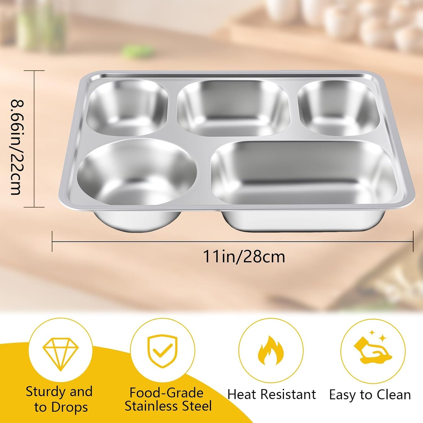 3 Pack Stainless Steel Snack Containers with Lids, 11 x 8.66 In Bento Snack Container with 5 Compartments, Reusable Meal Prep Lunch Trays, Divided Food Storage Container for Home Office Travel