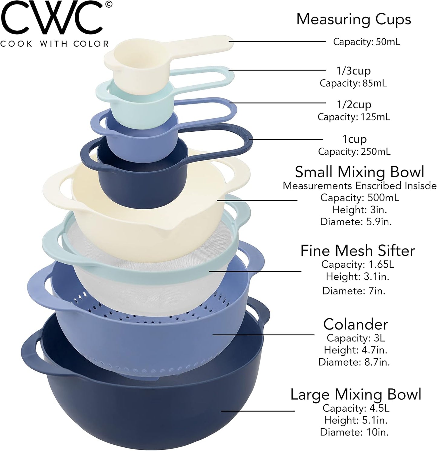 COOK WITH COLOR Nesting Bowls with Measuring Cups Colander and Sifter Set - Includes Mixing Bowls, Colander, Sifter and Measuring Cups, Navy, 8 Pc Bowl