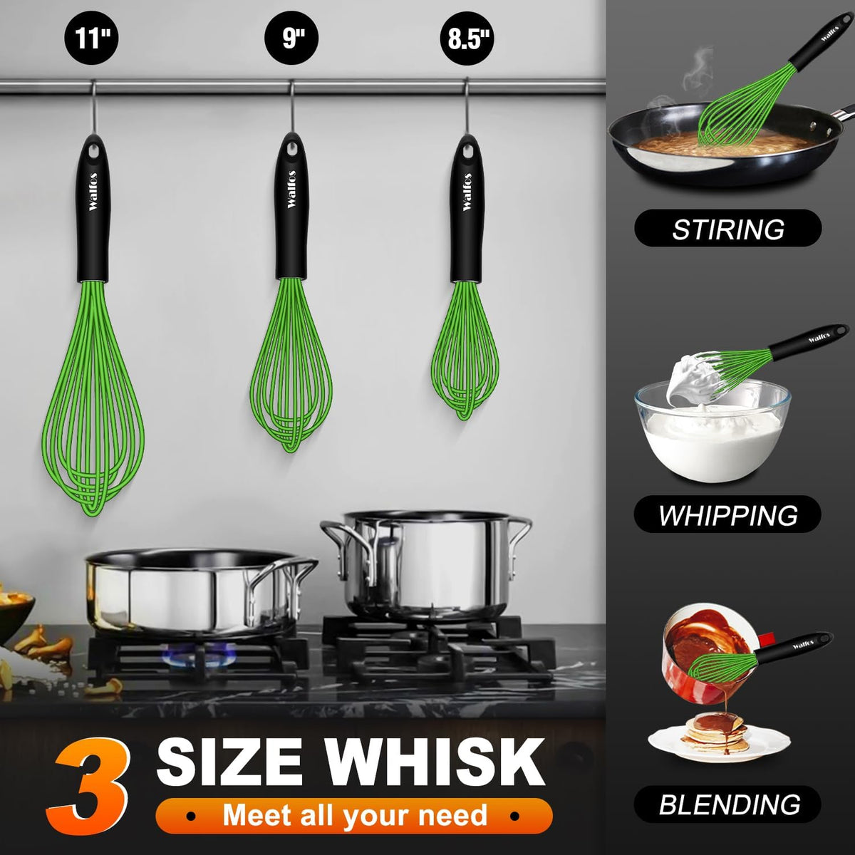 Walfos Silicone Whisk,Stainless Steel Wire Whisk -Heat Resistant 480°F Kitchen Whisks for Non-stick Cookware,Balloon Egg Beater Perfect for Blending,Whisking,Beating,Frothing & Stirring,Black