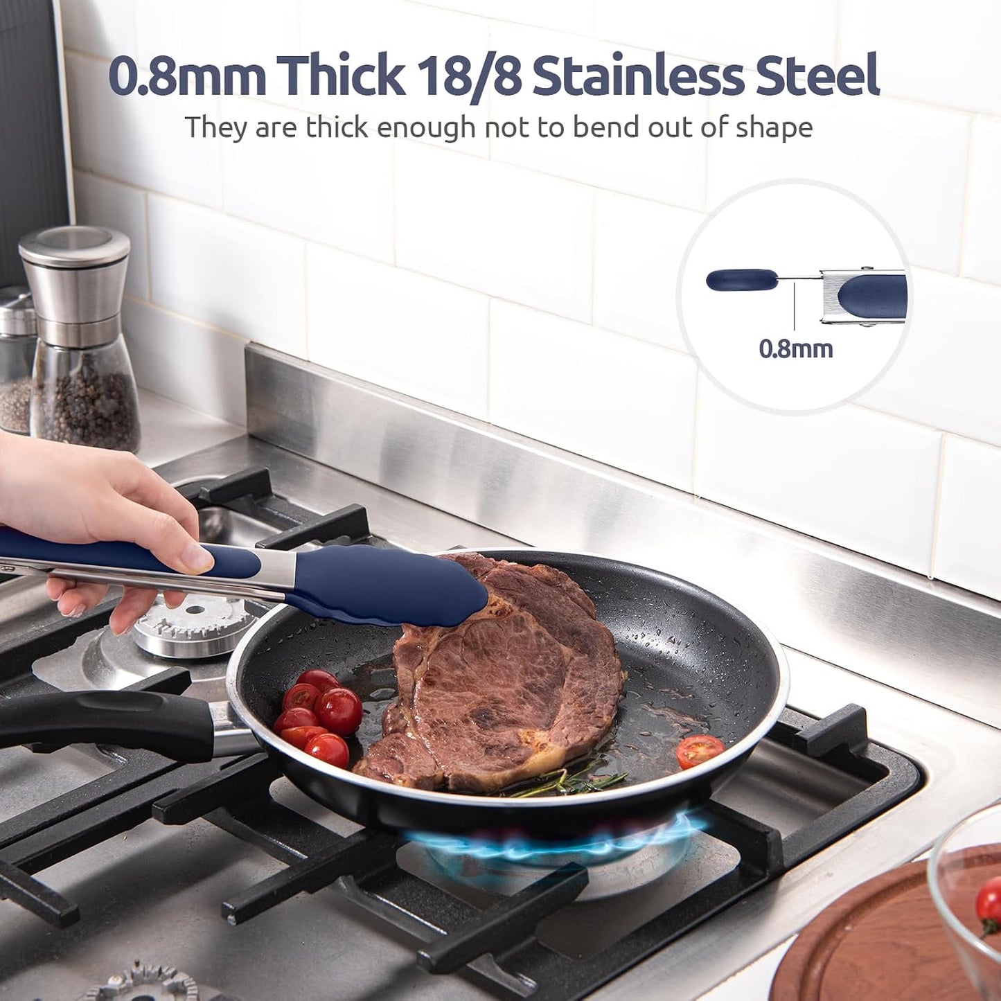 600ºF Heat Resistant Kitchen Tongs: U-Taste 9 inch Silicone Cooking Tong with Firm Sealed Non Stick Rubber Tips & Silicon Coated 18/8 Stainless Steel Handle & Smooth Locking for Serving Salad (Black)