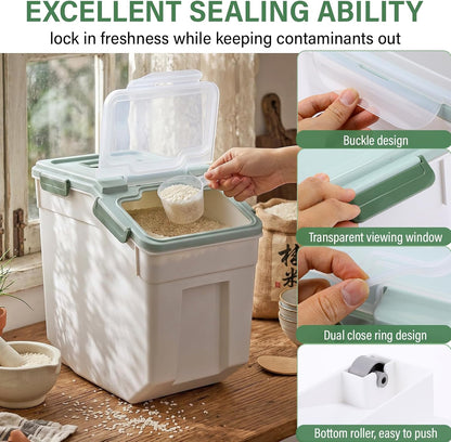 Umigy 4 Pcs 55lbs Large Dog Food Storage Container Rice Flour Bin Plastic Boxes with Measuring Cup Airtight Flour Grain Cereal Sugar Storage Container with Locking Lid and Wheels