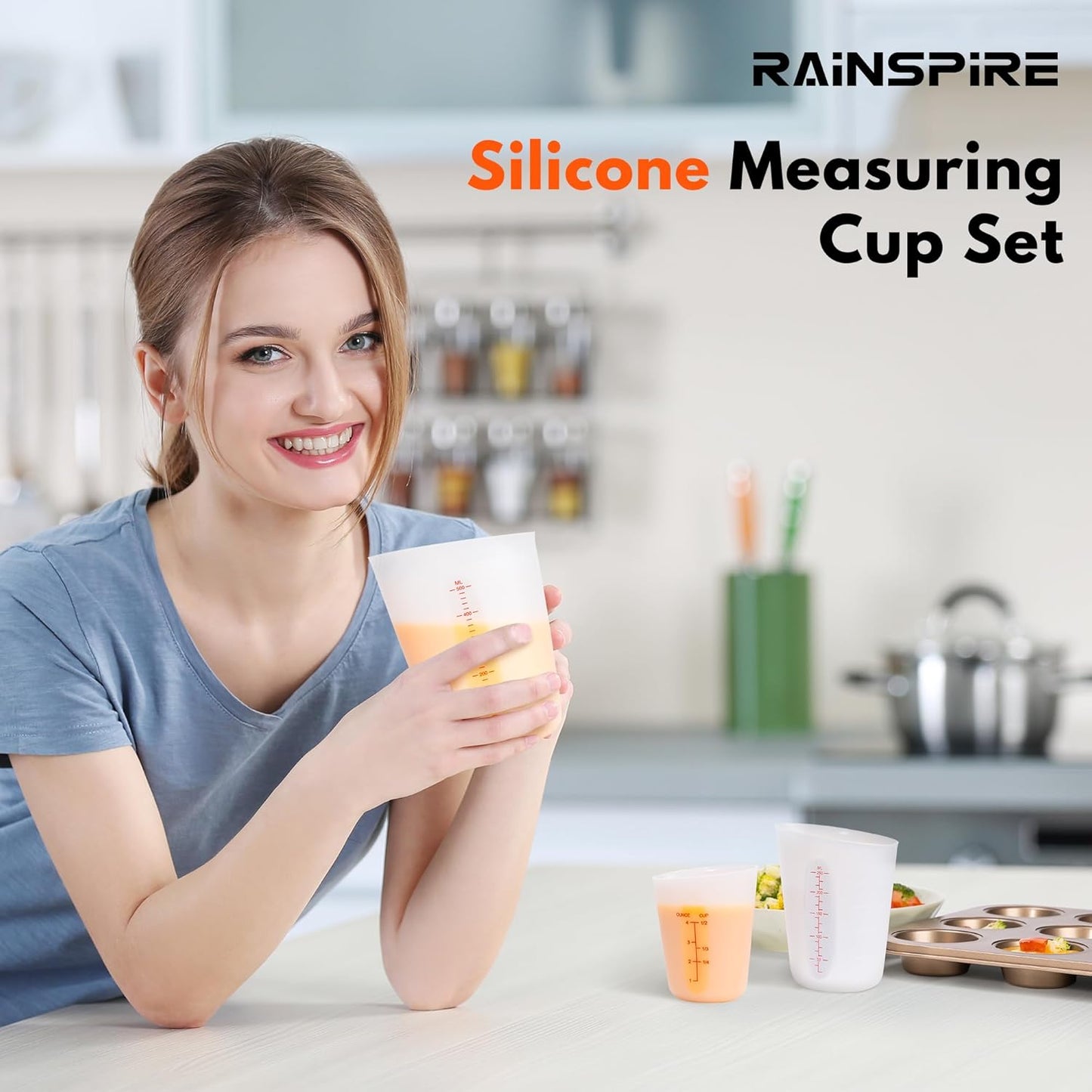 Rainspire Upgraded 3 Piece Silicone Measuring Cup Sets Squeeze & Pour Liquid Measuring Cups Flexible Chocolate Melting Cup Baking Supplies Chef Gifts