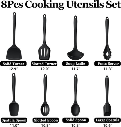 LIANYU Non-Toxic Silicone Kitchen Utensils Set, 8 Piece Non-Scratch Cooking Spoons & Spatulas, Stainless Steel Core, Heat Resistant & Dishwasher Safe, Khaki