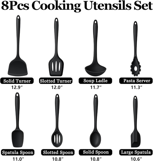 LIANYU Non-Toxic Silicone Kitchen Utensils Set, 8 Piece Non-Scratch Cooking Spoons & Spatulas, Stainless Steel Core, Heat Resistant & Dishwasher Safe, Khaki