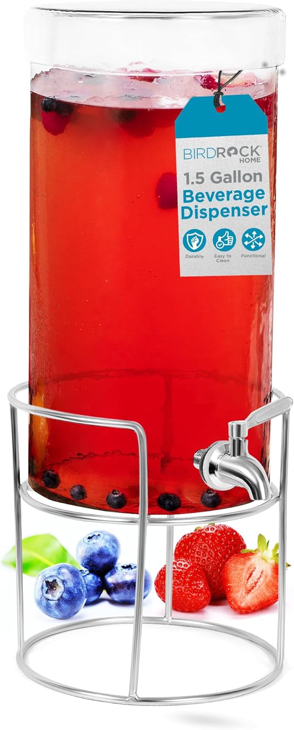 BIRDROCK HOME Beverage Dispenser with Stand & Stainless Steel Spigot - Hammered Glass Drink Dispenser for Parties Home & Events - Ideal for Serving Tea, Lemonade, Juice, Sangria, Cocktail - 1.5 Gallon