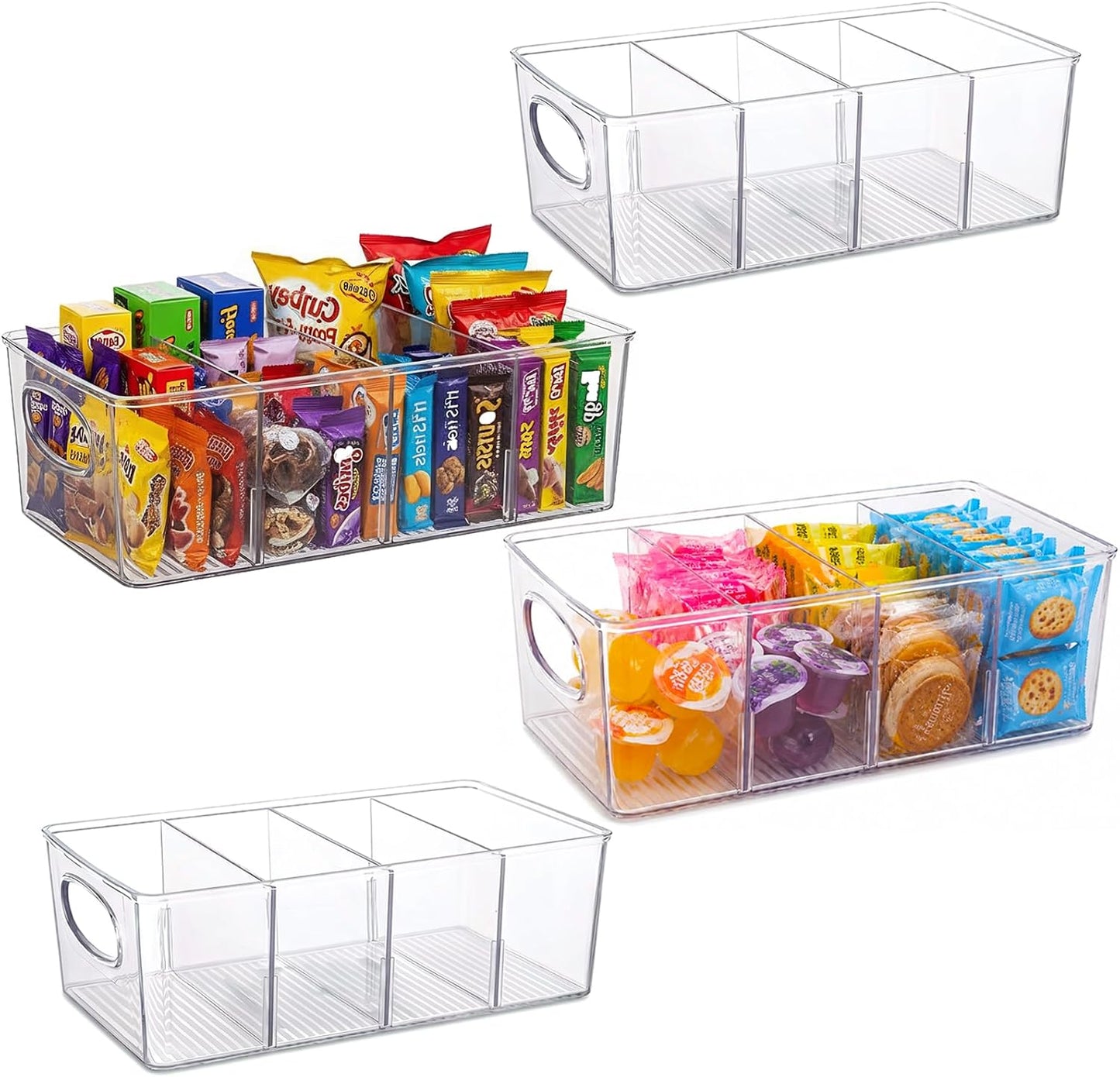 Clear Plastic Storage Bins with Removable Dividers – Pantry Snack Organizer, Kitchen Pantry Organizers and Storage, Snack Drawer Organizer, Fridge Organizer (2 Pack)