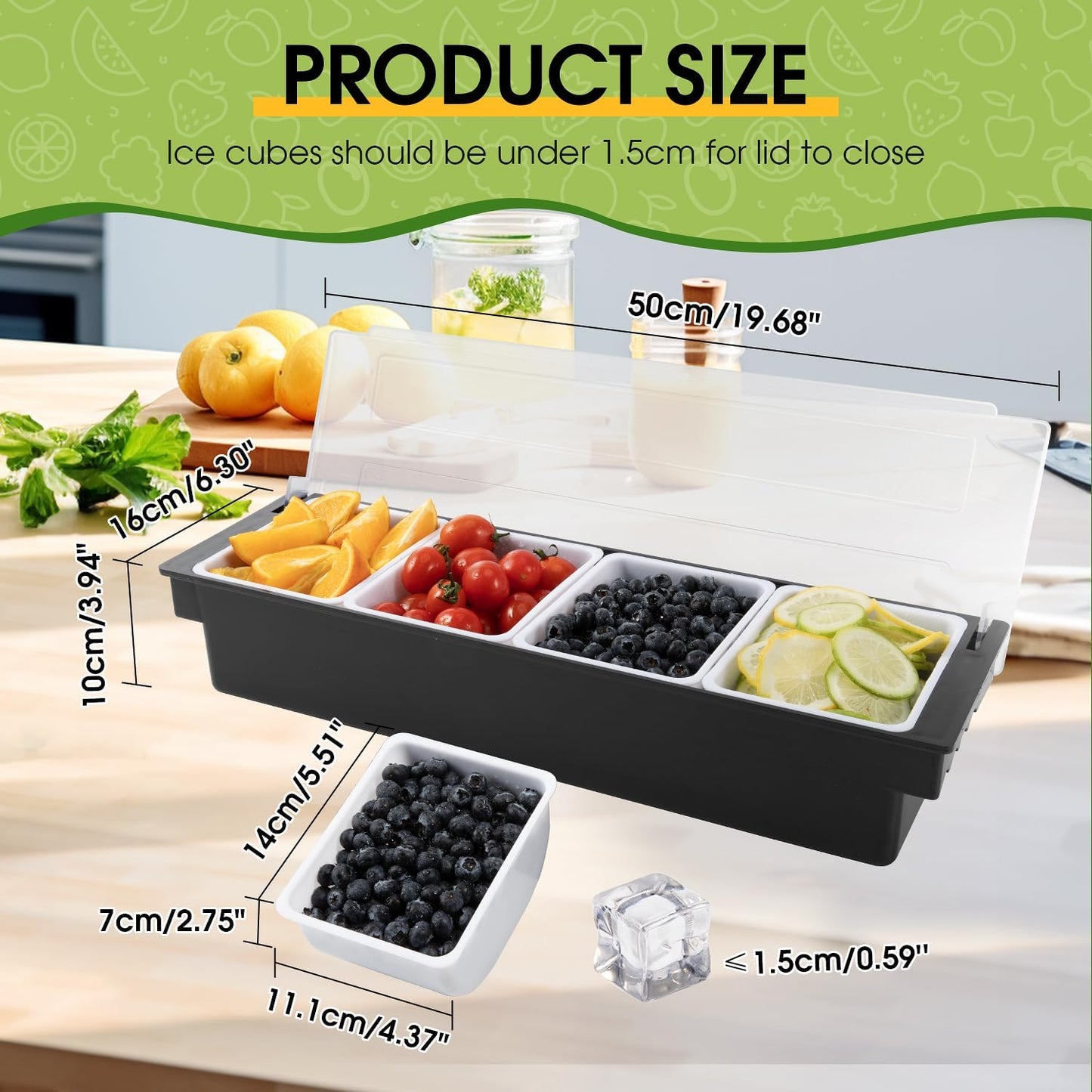 Ice Cooled Condiment Serving Container Fruit Veggie Condiment Caddy Plastic Garnish Station with Lid for Fruit,Ice Cream,Salad Bar-Topping Organizer for Restaurant Supplies (3 Compartments)